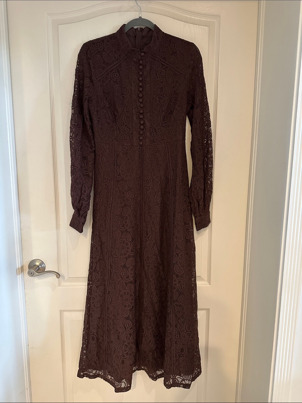 Long Sleeve Lace Midi Dress in Dark Brown